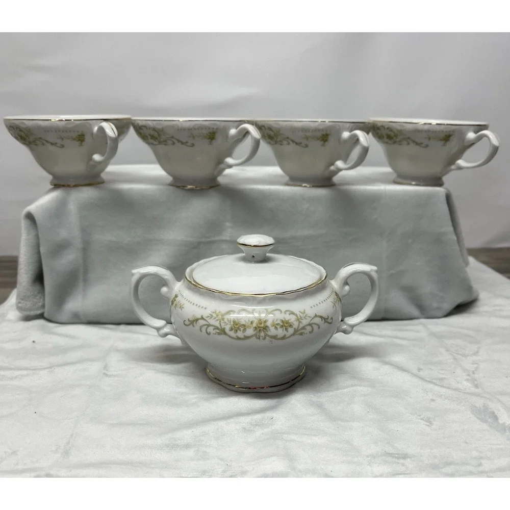 Vintage Norleans Rose Crest China Japan 4 Teacups & Lidded Sugar Bowl Gold